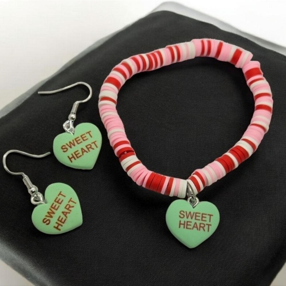 Green Candy Heart Charm Bracelet & Earring Set 💚 “Sweet Heart” Valentine (3-Pc)